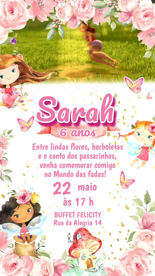 Convite Animado Aniversário Fadas Jardim Flores Para Editar Online