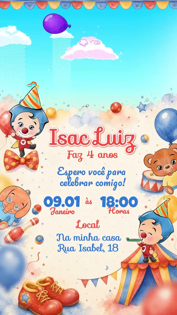 Convite Animado Aniversário Plim Plim Palhaço Para Editar Online