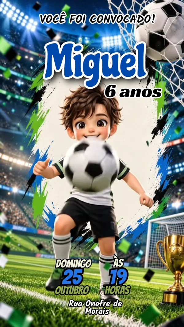 Convite Animado Aniversário Futebol Estádio Troféu Para Editar Online