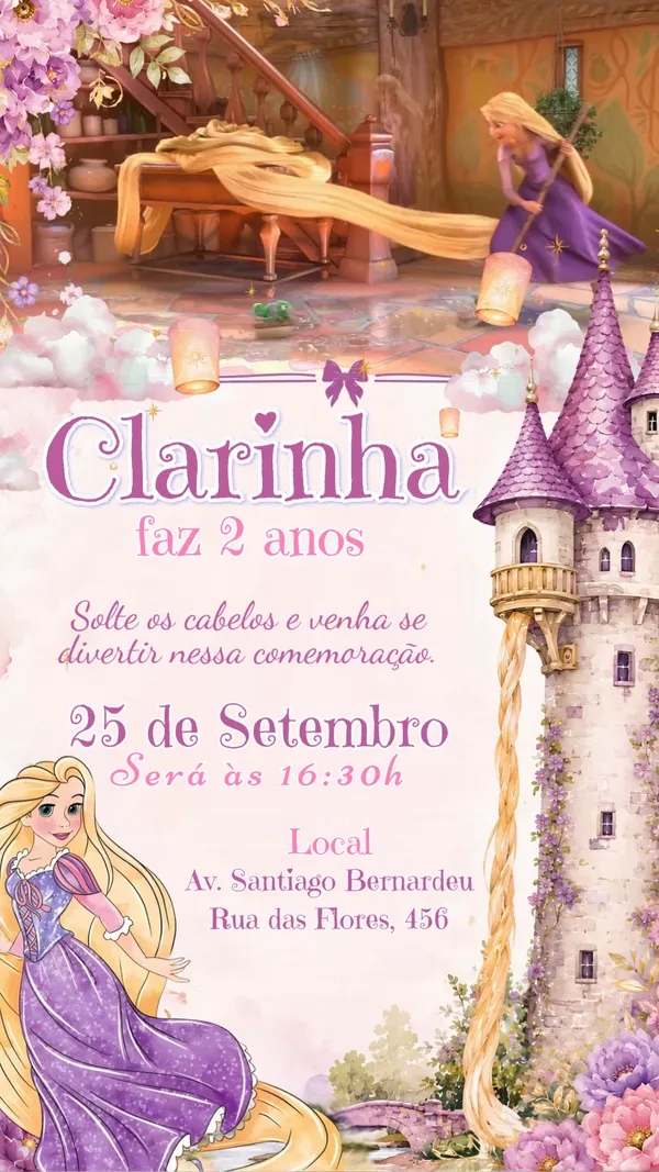 Convite Animado Aniversário Princesa Rapunzel Para Editar Online