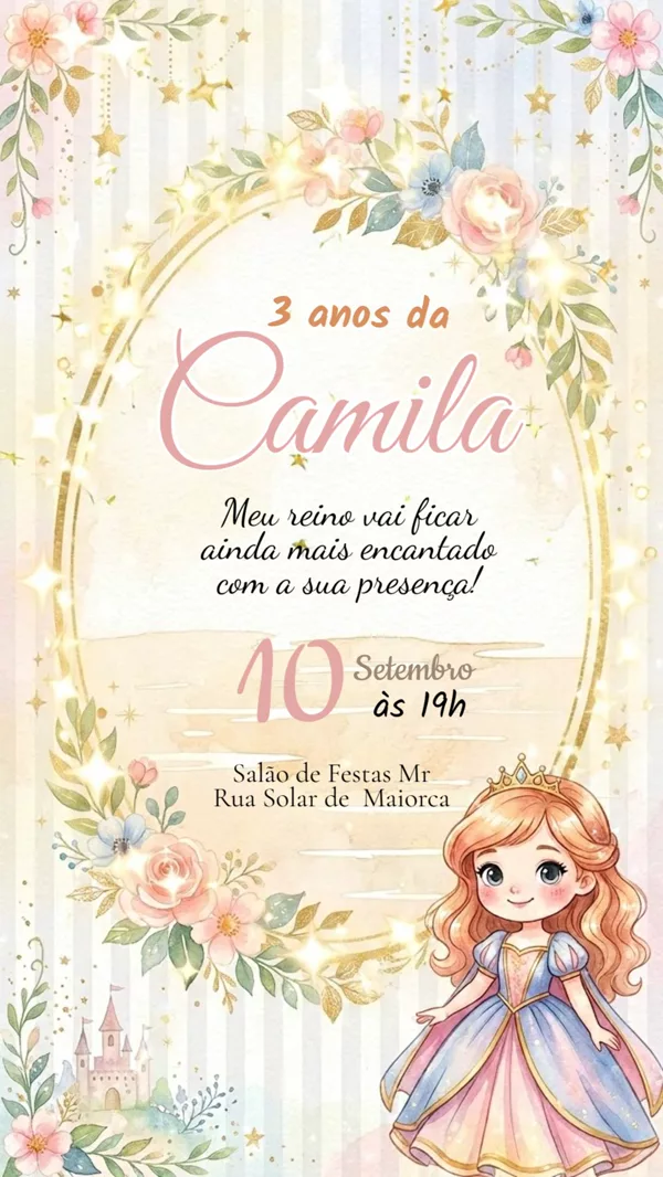 Convite Animado Aniversário Princesa Rosa Pastel Para Editar Online