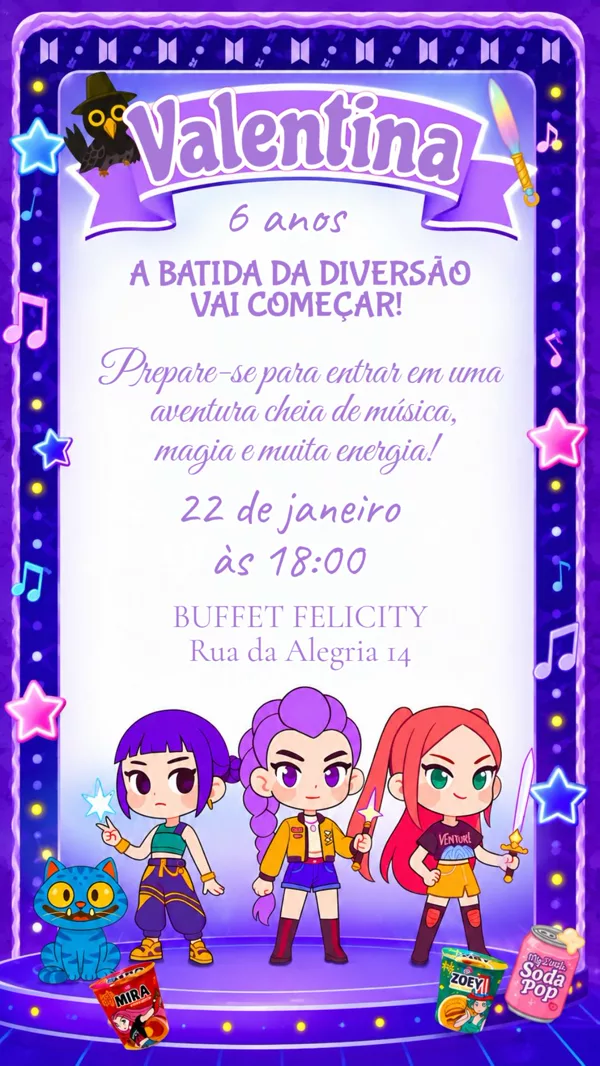 Convite Aniversário Guerreiras K-pop Roxo Para Editar Online