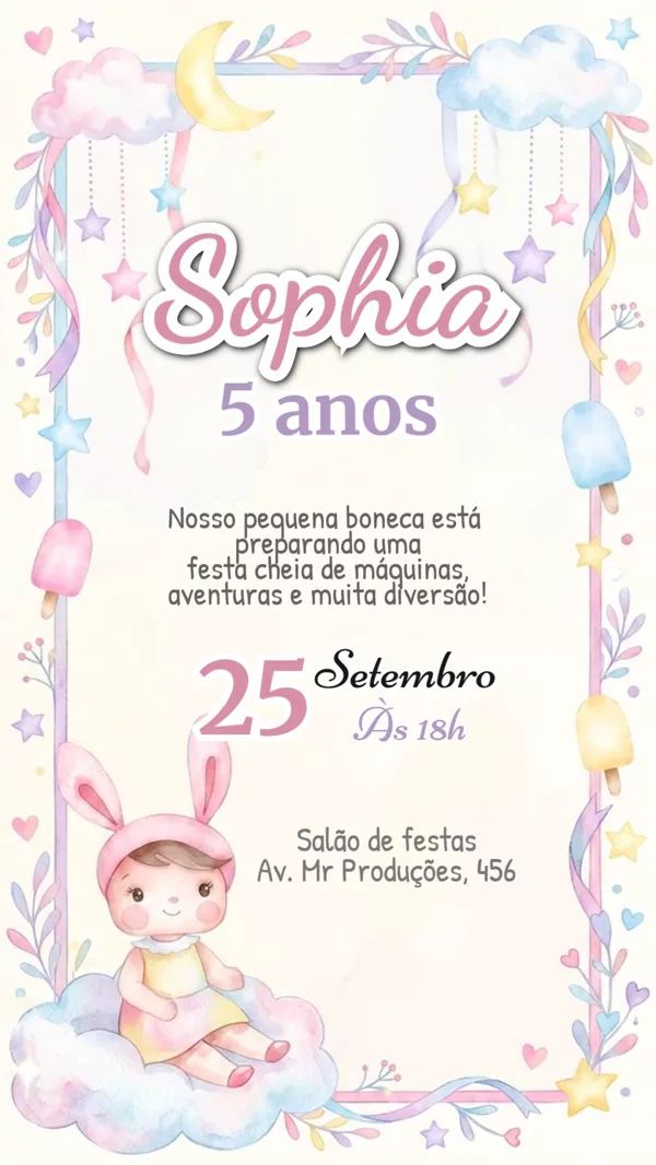 Convite Animado Aniversário Boneca Coelhinha Para Editar Online