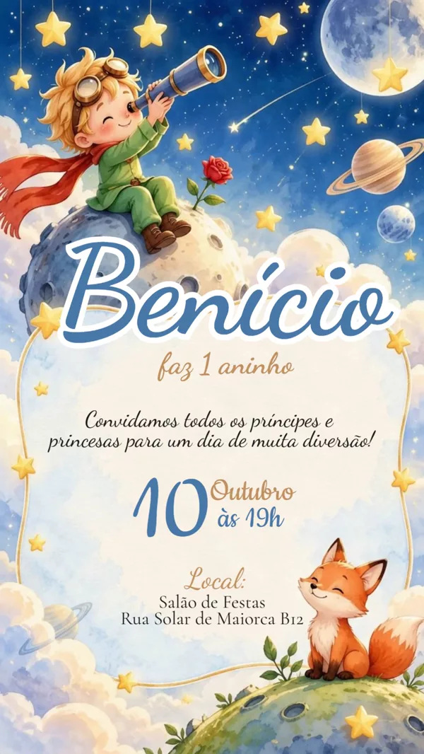 Convite Animado Aniversário Pequeno Príncipe Para Editar Online