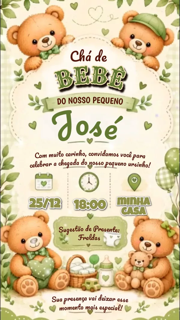 Convite Animado Chá de Bebê Ursinho Verde Para Editar Online