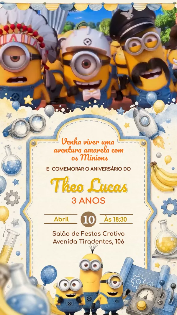 Convite Animado Aniversário Minions Cientista Para Editar Online