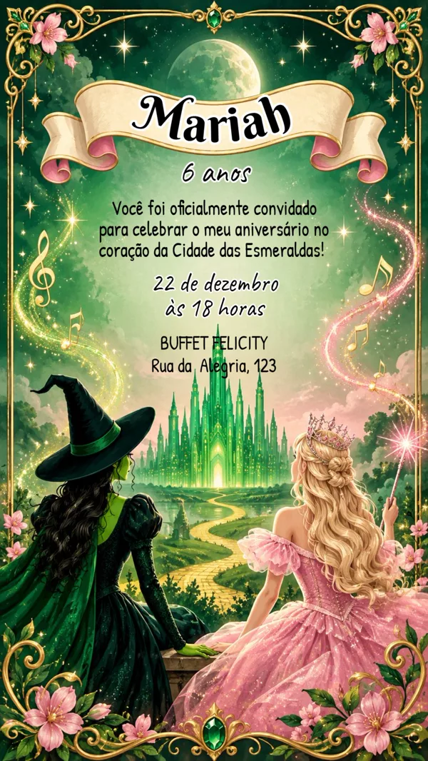 Convite Aniversário Wicked Cidade Esmeralda Para Editar Online