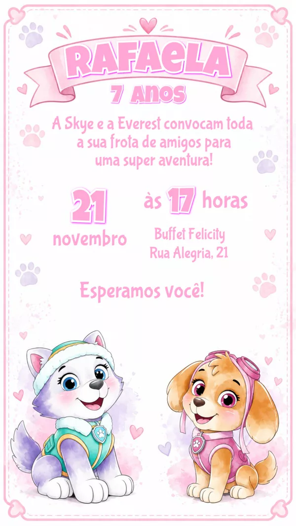 Convite Aniversário Patrulha Canina Rosa Para Editar Online