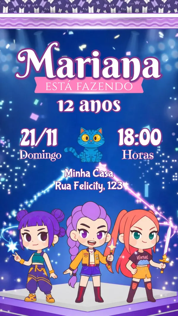 Convite Animado Aniversário Guerreira Kpop Roxo Para Editar Online