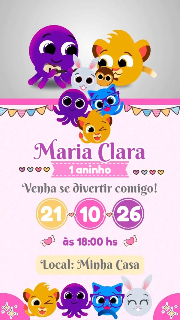 Convite Animado Aniversário Bolofofos Rosa Para Editar Online