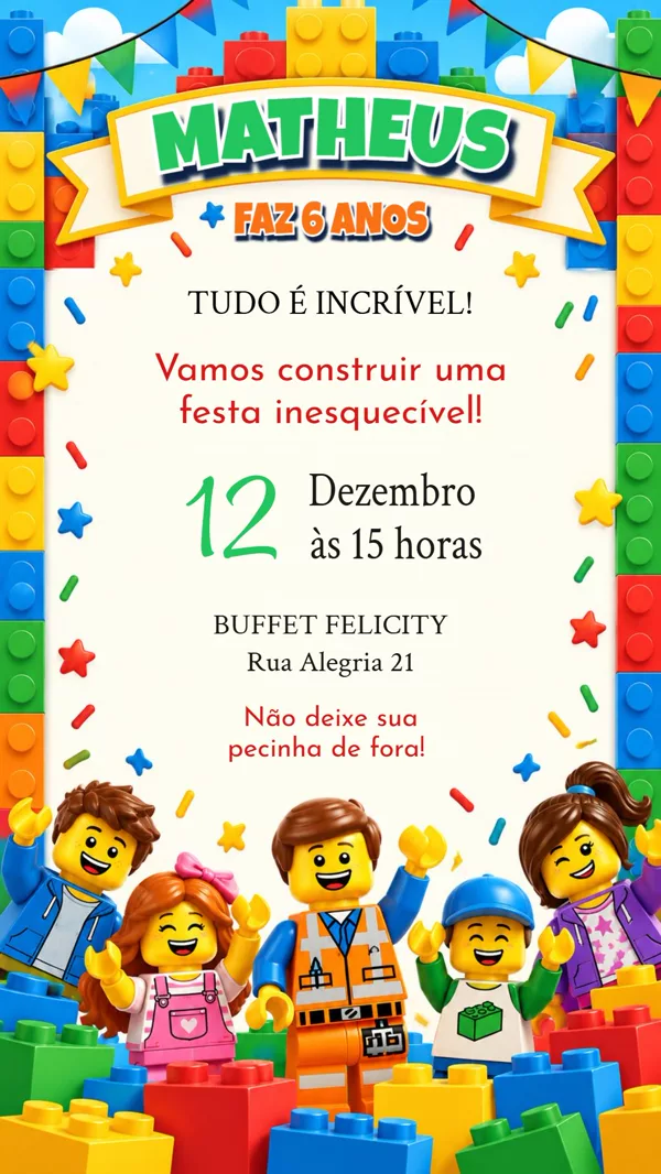 Convite Aniversário Lego Blocos Coloridos Para Editar Online