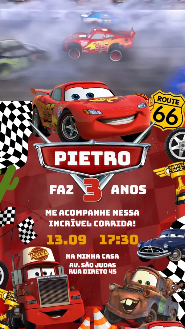 Convite Animado Aniversário Carros McQueen Editar e Enviar
