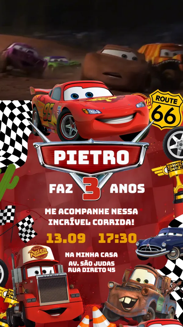 Convite Animado Aniversário Carros McQueen Editar e Enviar