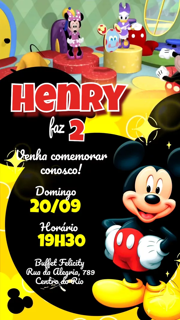 Convite Animado Aniversário Mickey Casa Mickey Para Editar Online
