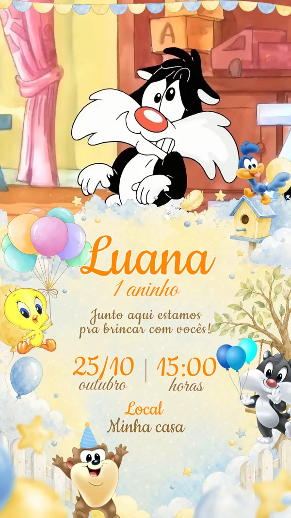 Convite Animado Aniversário Looney Tunes Piu-Piu Para Editar Online