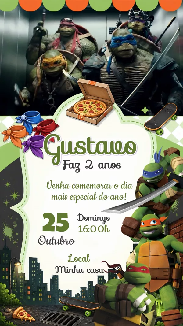 Convite Animado Aniversário Tartarugas Ninja Para Editar Online