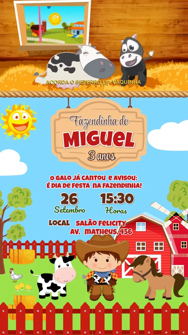 Convite Animado Aniversário Fazendinha Cowboy Para Editar Online