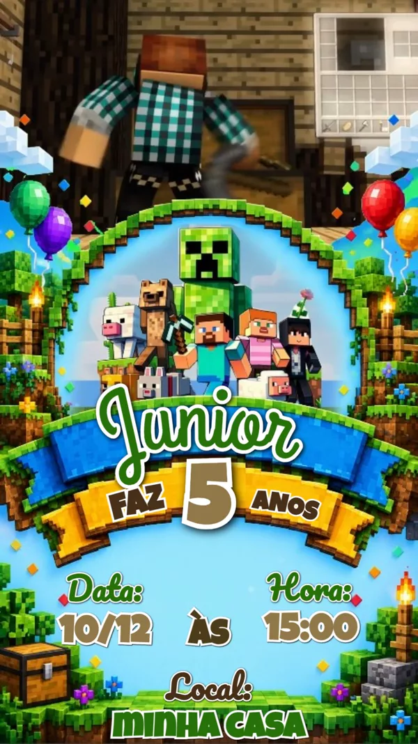 Convite Animado Aniversário Minecraft Creeper Para Editar Online