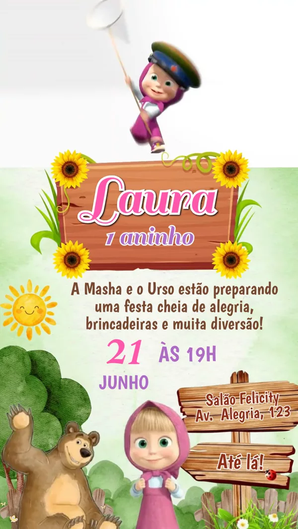 Convite Animado Aniversário Masha e o Girassóis Para Editar Online