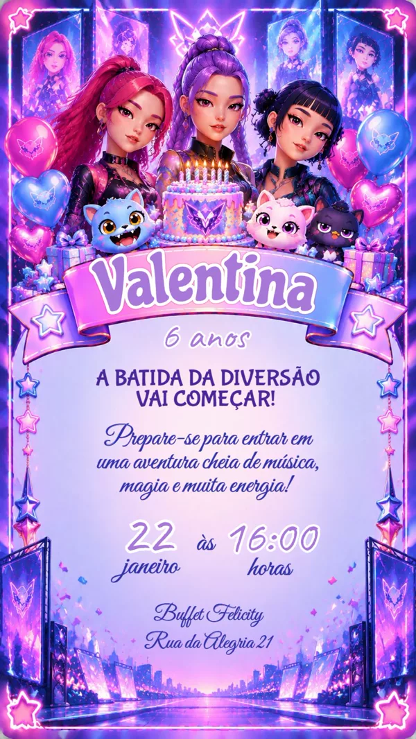 Convite Aniversário KPop Demon Hunters Roxo Para Editar Online