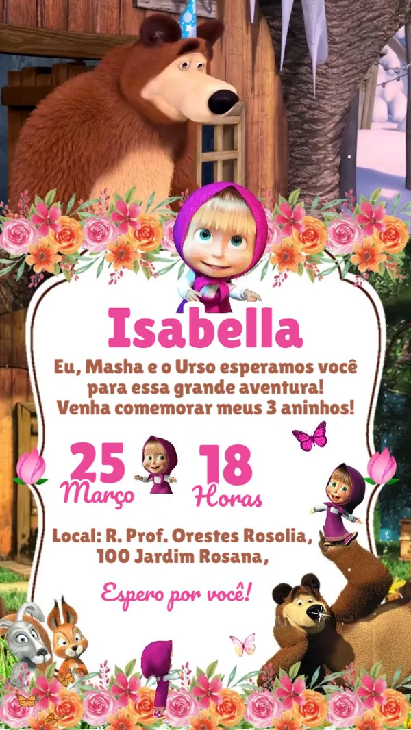 Convite Animado Aniversário Masha e Urso Floral Para Editar Online
