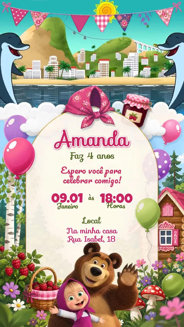 Convite Animado Aniversário Masha e o Urso Rosa Para Editar Online