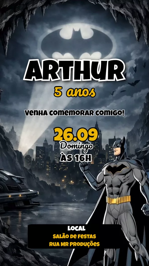 Convite Animado Aniversário Batman Batcaverna Para Editar Online
