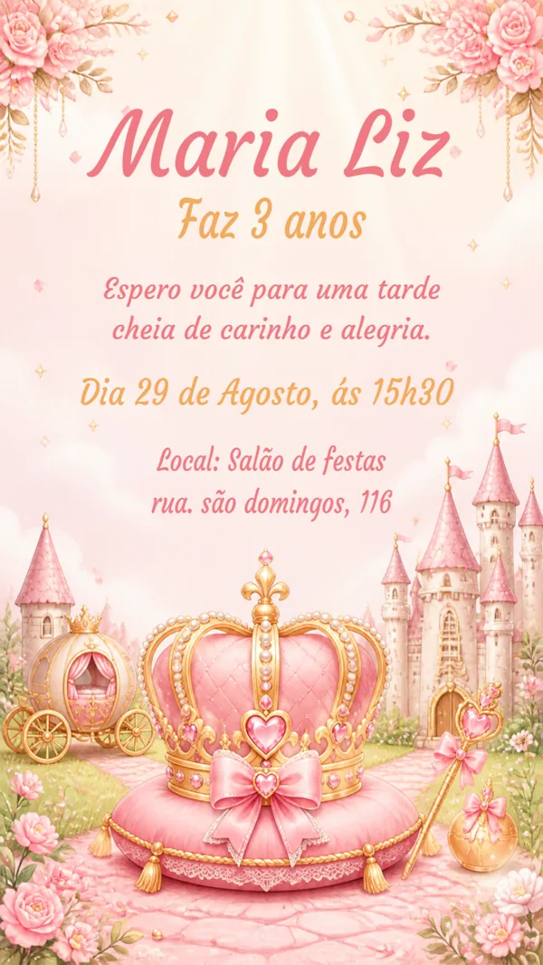Convite Aniversário Princesa Coroa Rosa Para Editar Online
