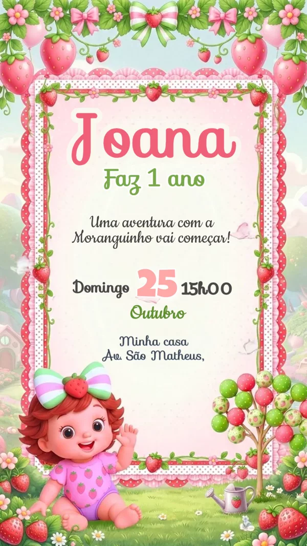 Convite Animado Aniversário Moranguinho Baby Rosa Para Editar Online