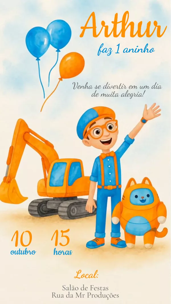 Convite Animado Aniversário Blippi Escavadeira Para Editar Online