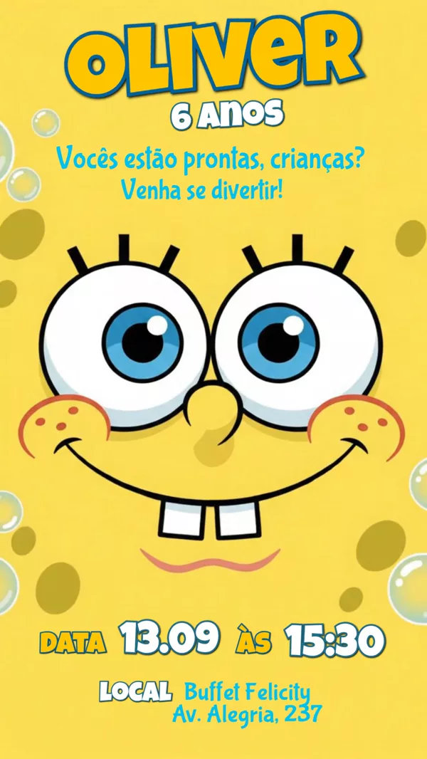 Convite Animado Aniversário Bob Esponja Rosto Para Editar Online