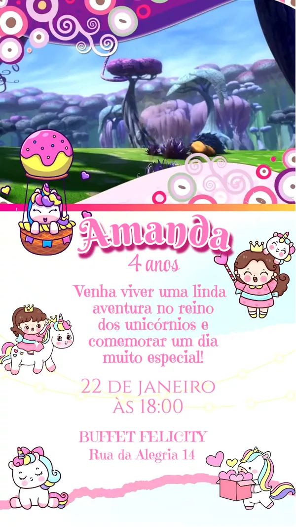 Convite Animado Aniversário Unicórnio Reino Mágico Para Editar Online
