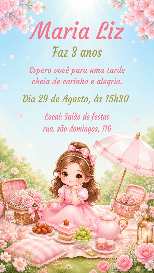 Convite Aniversário Piquenique Princesa Para Editar Online