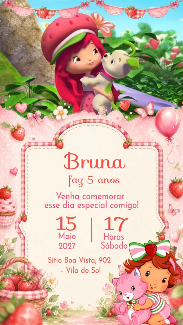 Convite Animado Aniversário Moranguinho Rosa Para Editar Online