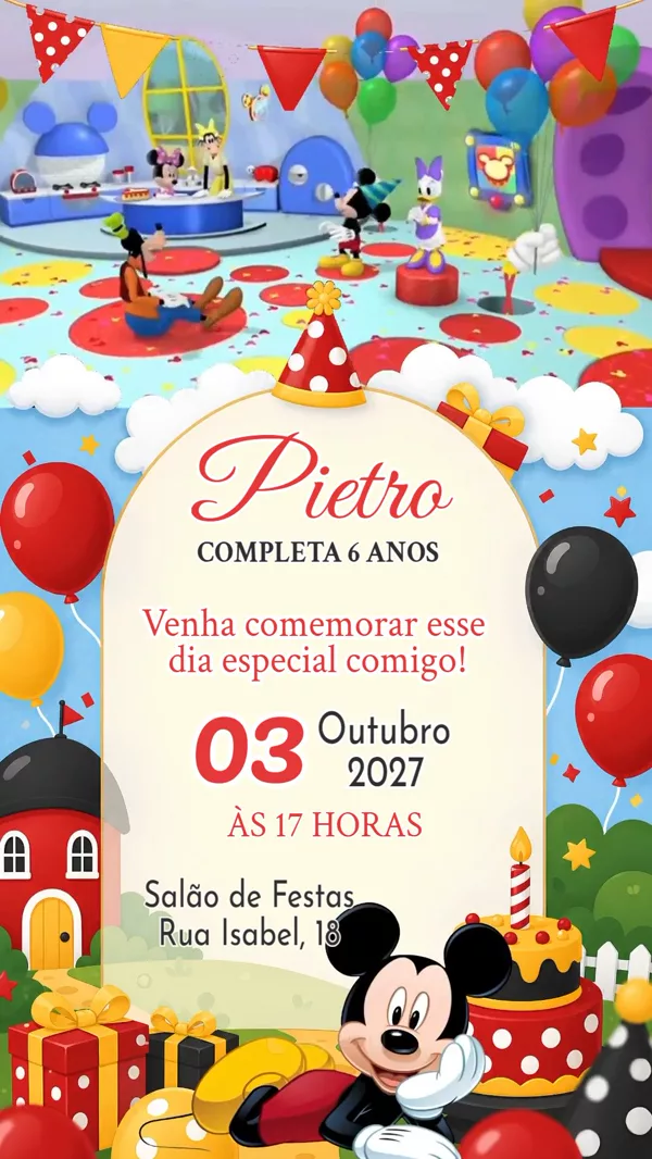 Convite Animado Aniversário Mickey Vermelho Para Editar Online