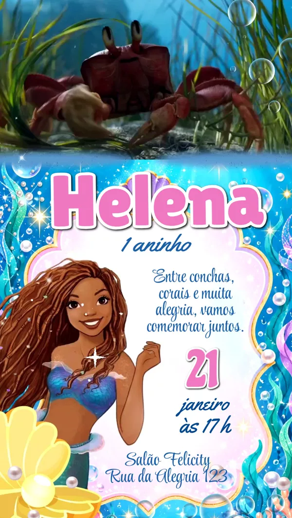 Convite Animado Aniversário Sereia Ariel Morena Para Editar Online