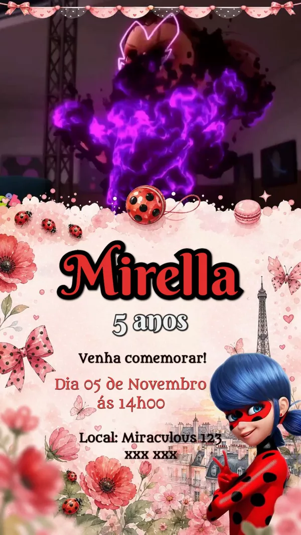 Convite Animado Aniversário Ladybug Akuma Paris Para Editar Online