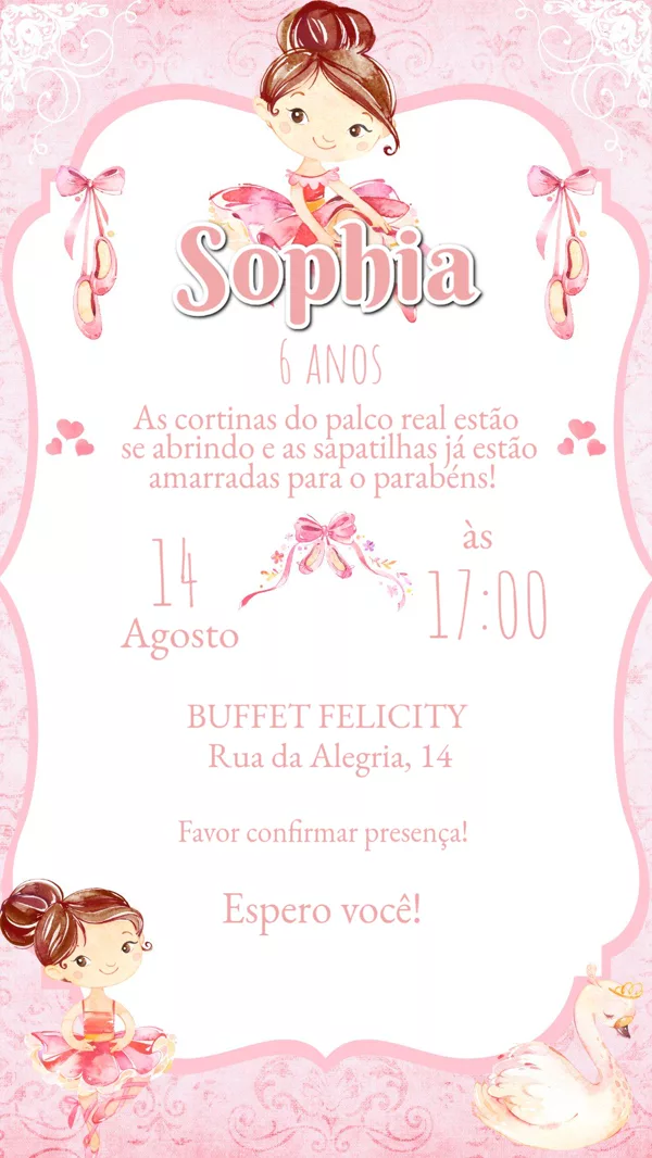 Convite Aniversário Bailarina Rosa Para Editar Online