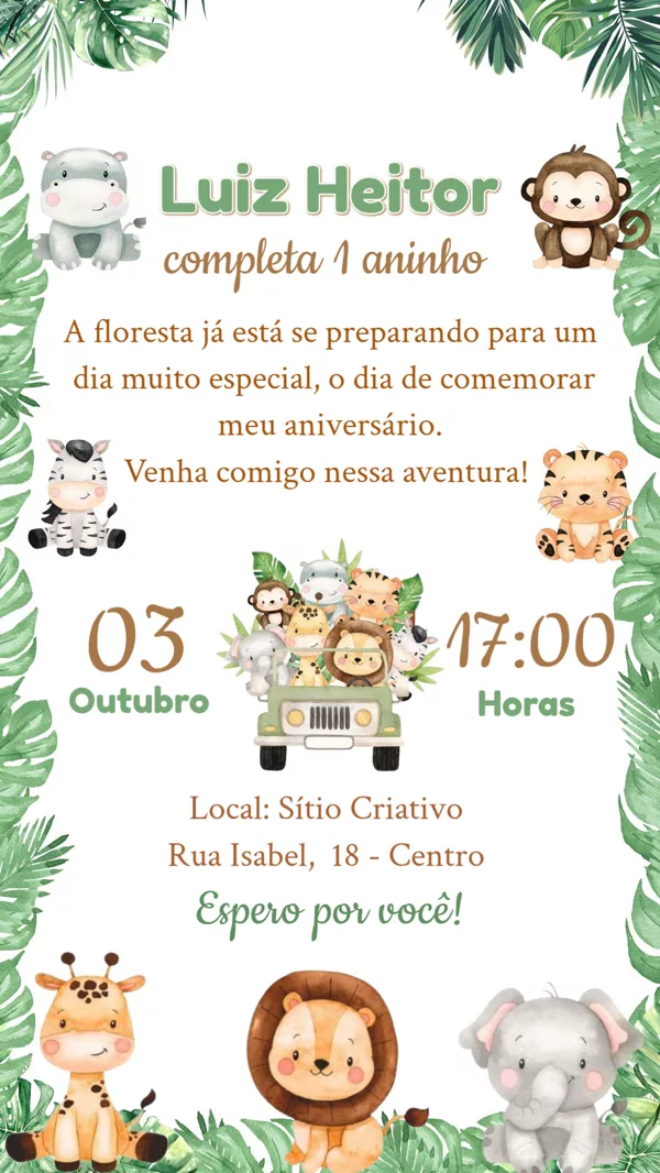 Convite Aniversário Safari Baby Aquarela Para Editar Online
