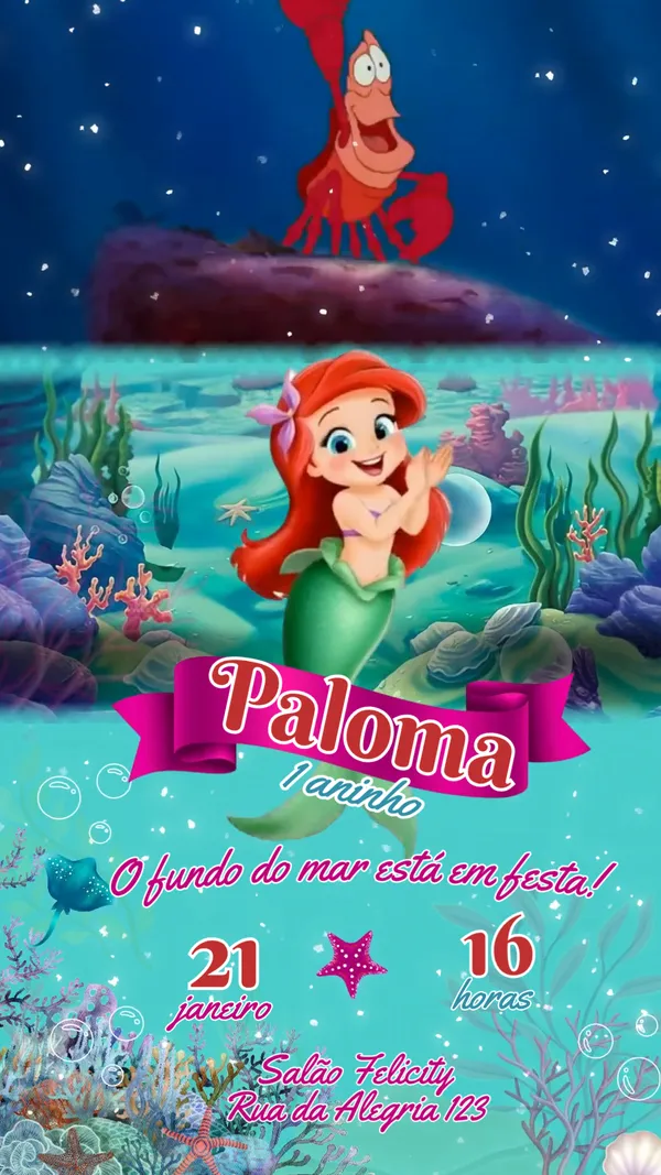 Convite Animado Aniversário Ariel Fundo do Para Editar Online