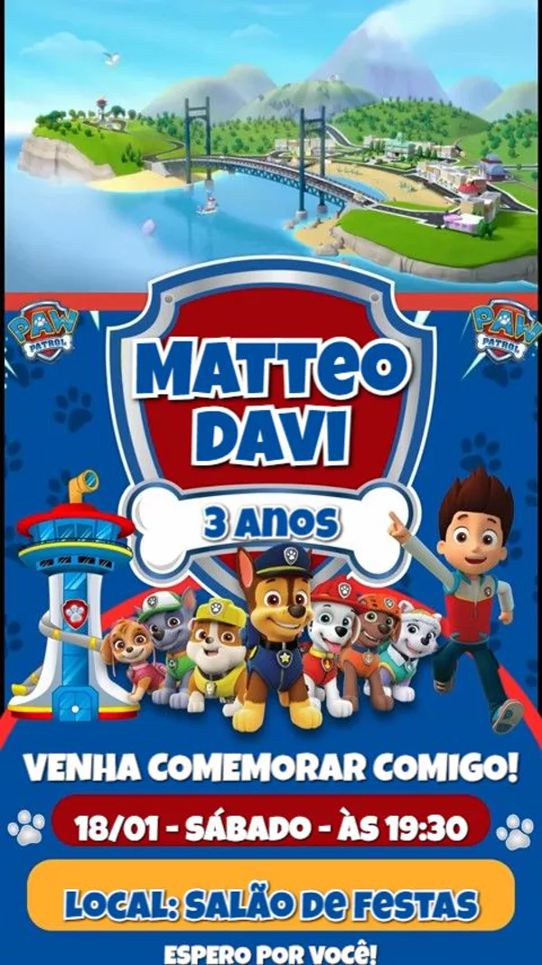 Convite Animado Aniversário Patrulha Canina Azul Para Editar Online