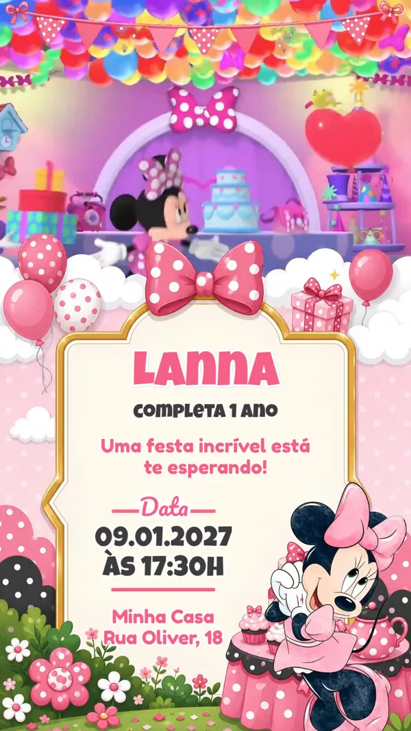 Convite Animado Aniversário Minnie Jardim Rosa Para Editar Online