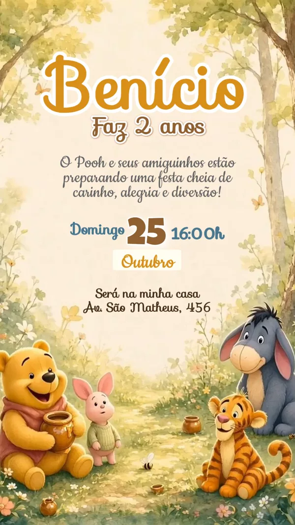 Convite Animado Aniversário Ursinho Pooh Para Editar Online