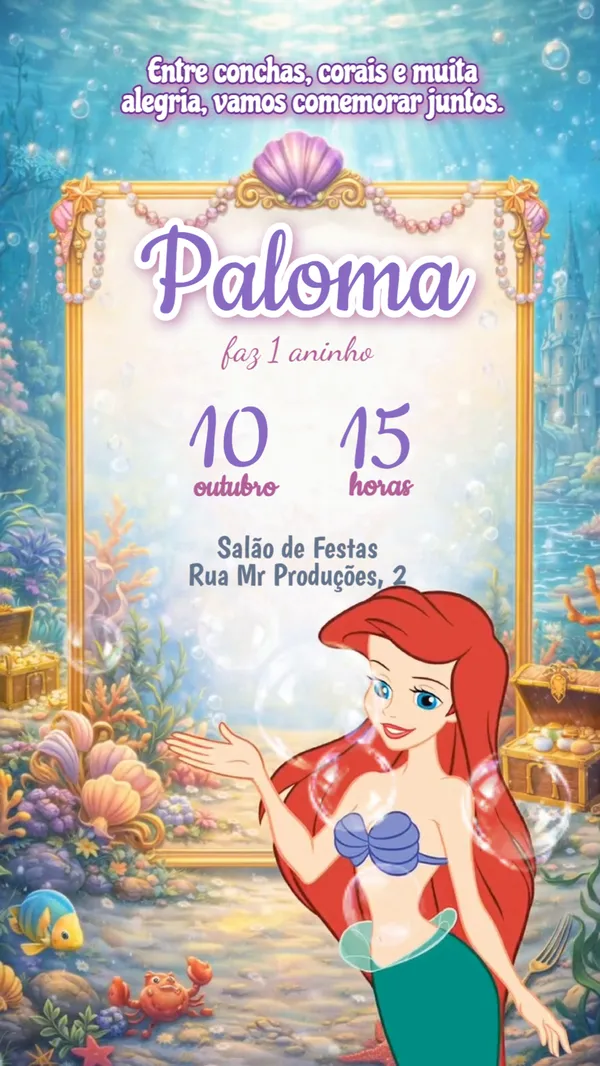 Convite Animado Aniversário Ariel Pequena Sereia Para Editar Online