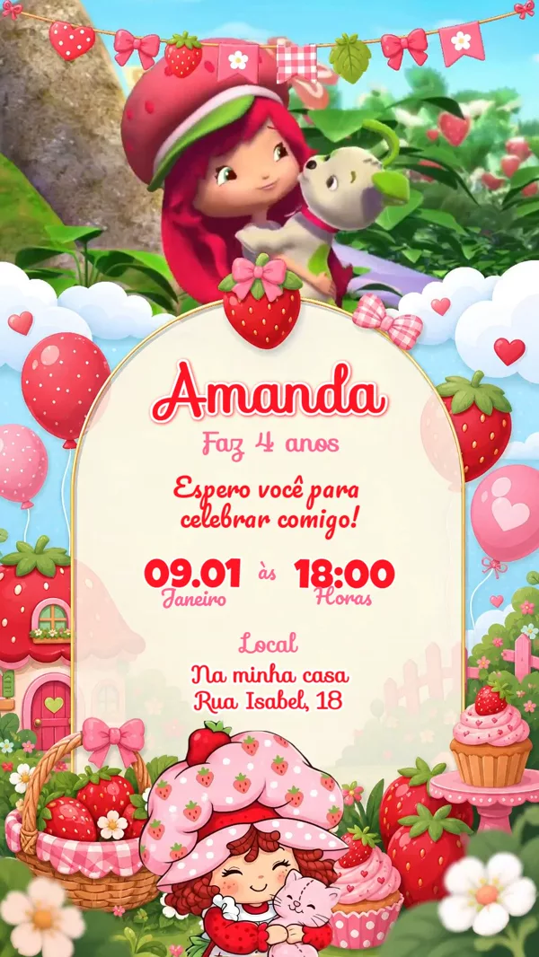Convite Animado Aniversário Moranguinho Para Editar Online