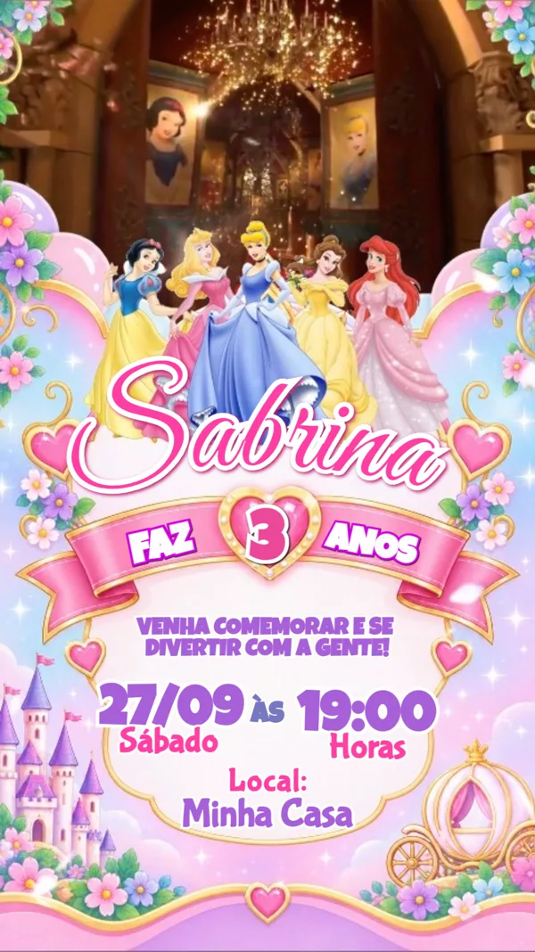 Convite Animado Aniversário Princesas da Disney Para Editar Online