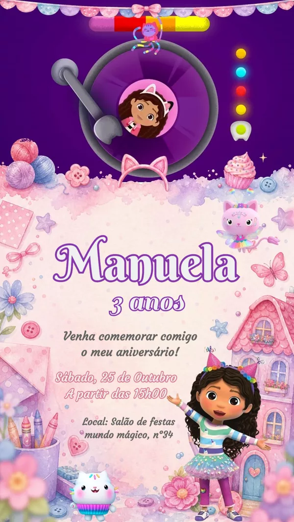 Convite Animado Aniversário Gabby's Dollhouse Rosa Para Editar Online