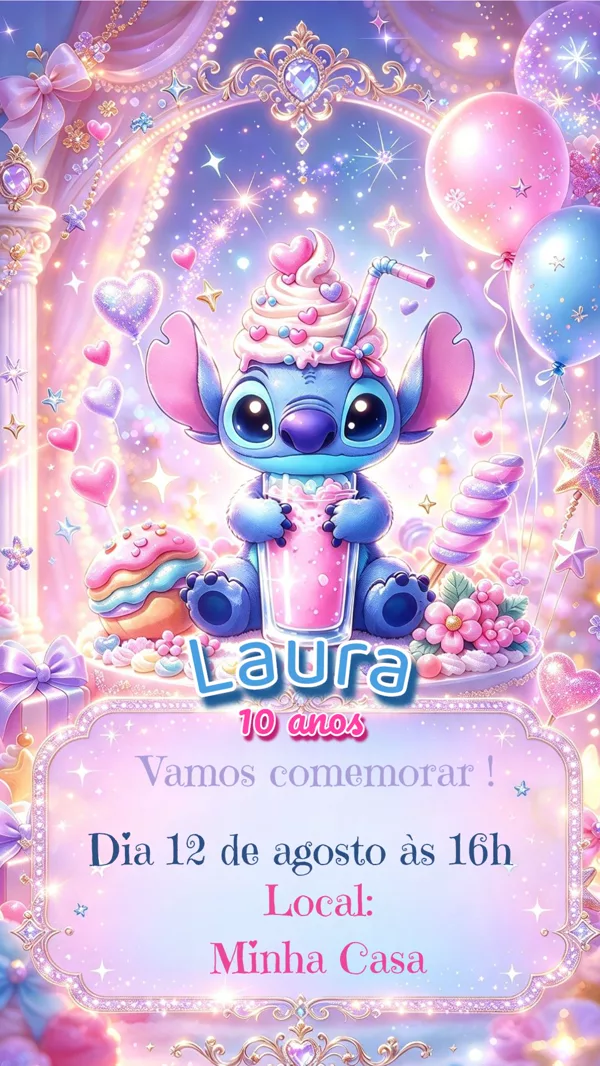 Convite Aniversário Stitch Doces Para Editar Online