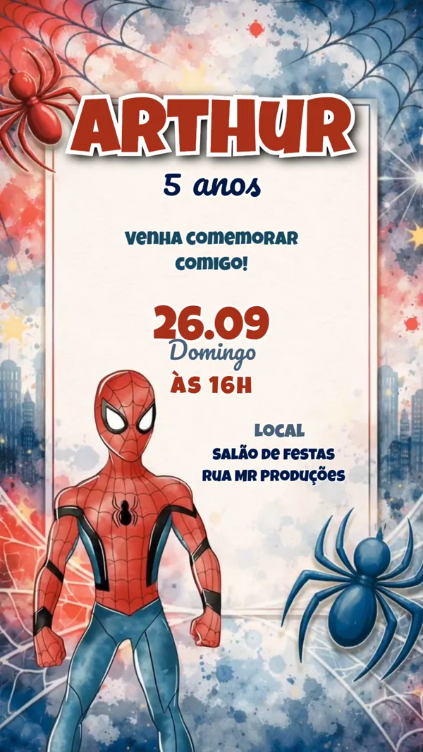 Convite Animado Aniversário Homem-Aranha Aquarela Para Editar Online