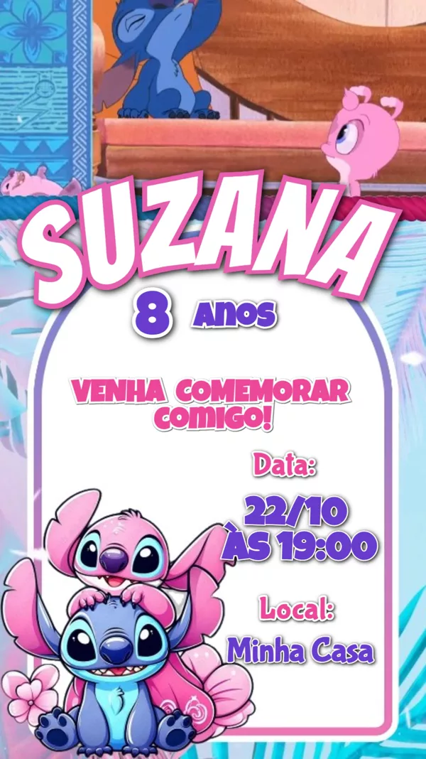 Convite Animado Aniversário Stitch e Angel Menina Para Editar Online